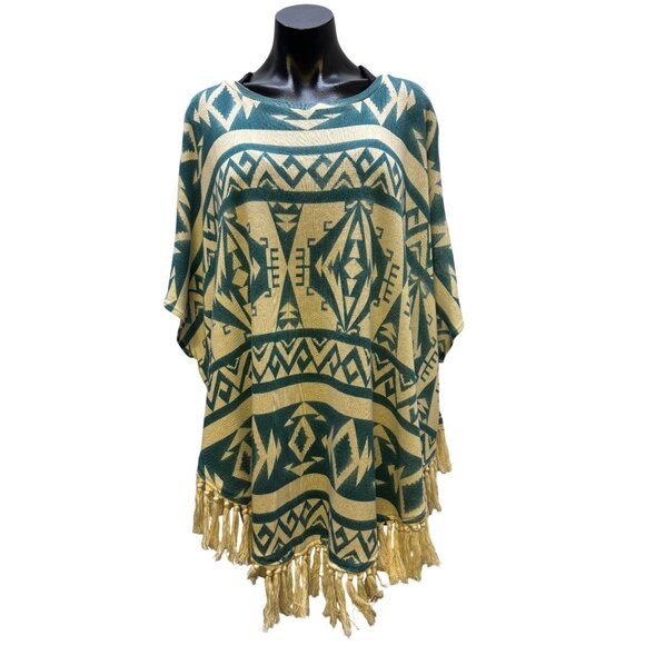 Tasha Polizzi Collection Cream & Teal Aztec Print Poncho Blouse L/XL Tassel Frin - Picture 1 of 6